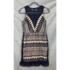Aqua Crochet Overlay Sheath Dress Womens Small Navy Sleeveless Boho